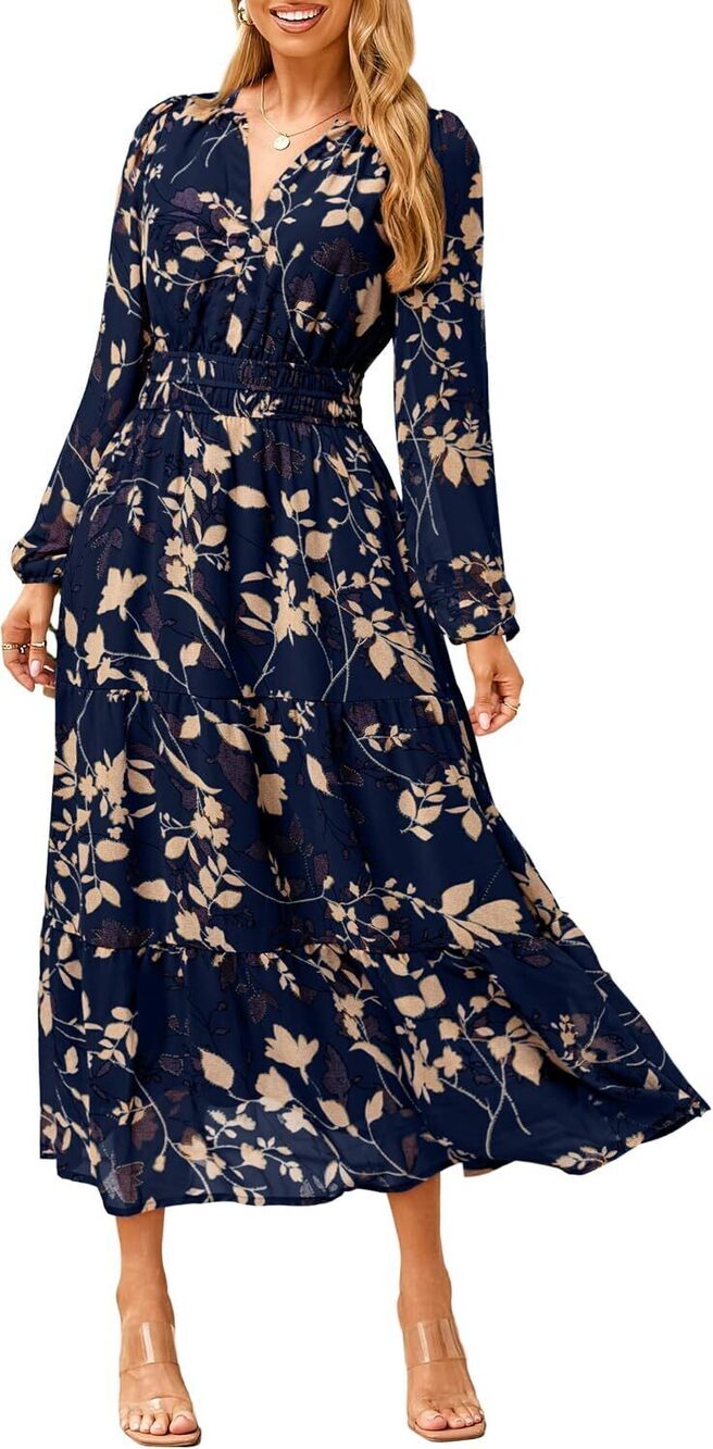 Women's Floral Boho Long Sleeve Maxi Dress V Neck Empire Waist Swing Flowy (S)